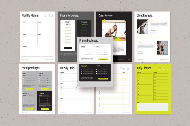 May include: A set of printable planner pages with a yellow and black color scheme. The pages include a monthly planner, weekly tasks, daily planner, and pricing packages.