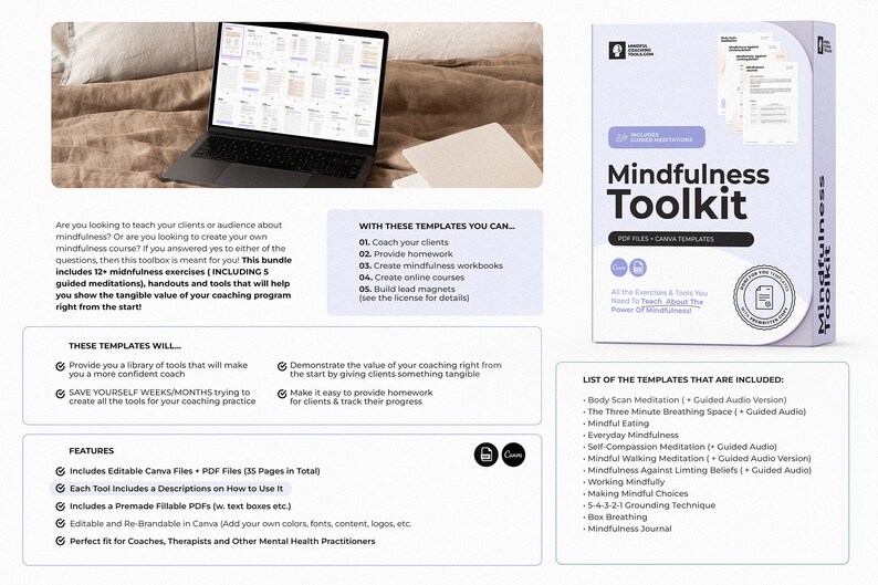 May include: A purple and white box with the text "Mindfulness Toolkit" and a list of mindfulness exercises and tools included. The box is on a white background.