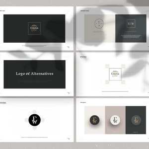 May include: A mockup of a branding guide for a business named "Emma & Wren". The guide includes a logo with the name "Emma & Wren" in a gold script font with a wreath of leaves, and several variations of the logo with the initials "E&W" in different styles and colors.