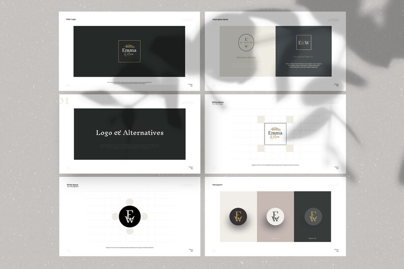 May include: A mockup of a branding guide for a business named "Emma & Wren". The guide includes a logo with the name "Emma & Wren" in a gold script font with a wreath of leaves, and several variations of the logo with the initials "E&W" in different styles and colors.