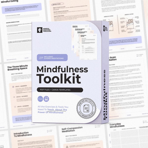 Mindfulness-werkbladbundel - Bewerkbare coachinghulpmiddelen en oefeningen - Begeleide meditaties - Therapiehulpmiddelen