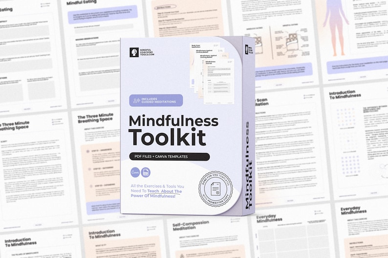 May include: A white box with a purple border and the text "Mindfulness Toolkit" in black. The box contains PDF files and Canva templates for teaching mindfulness. The box also includes 8 guided meditations.