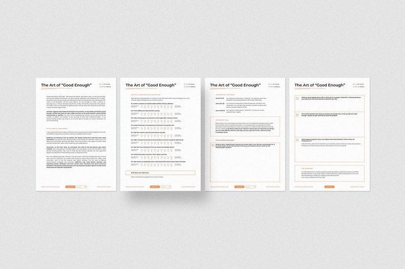 May include: Four pages of a worksheet titled "The Art of 'Good Enough'" with text and questions about self-compassion and setting realistic expectations.