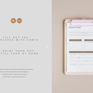 May include: A printable worksheet with the title "Brand Voice" on a clipboard. The worksheet includes sections for defining brand personality, tone of voice, and target audience.