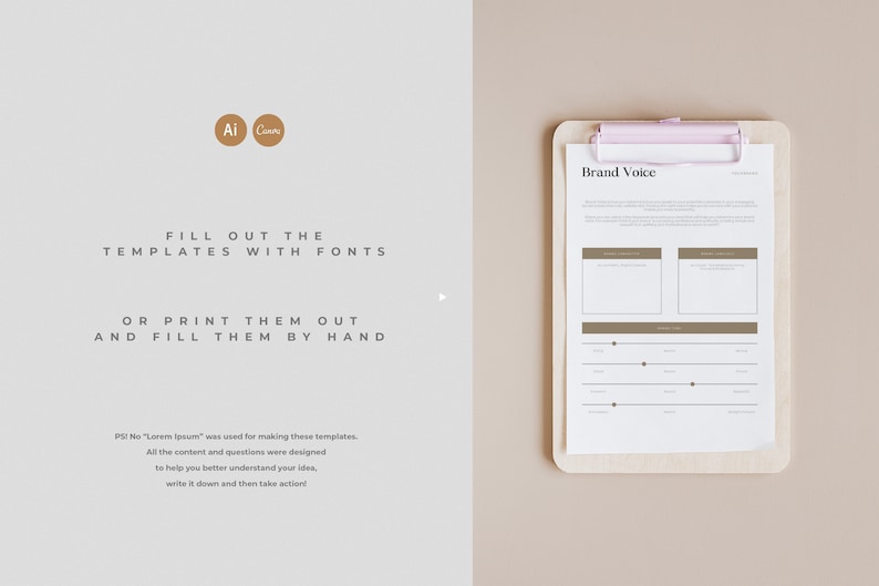 May include: A printable worksheet with the title "Brand Voice" on a clipboard. The worksheet includes sections for defining brand personality, tone of voice, and target audience.