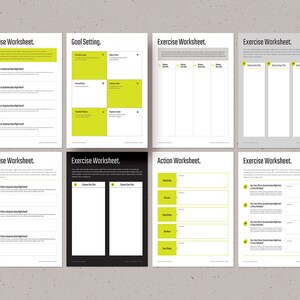 May include: Eight black and white printable worksheets with the titles "Exercise Worksheet", "Goal Setting", "Action Worksheet", and "Exercise Worksheet".