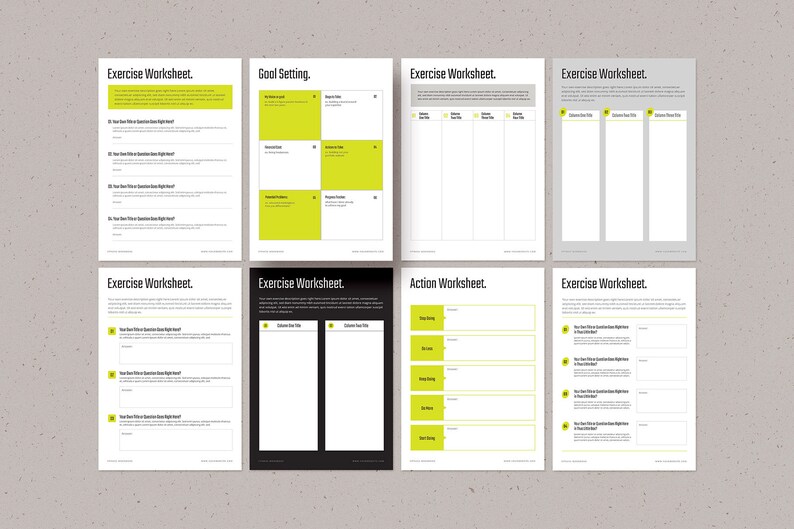 May include: Eight black and white printable worksheets with the titles "Exercise Worksheet", "Goal Setting", "Action Worksheet", and "Exercise Worksheet".