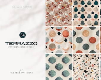 34 Aesthetic and Elegant Terrazzo Stone Seamless Patterns / Luxury Abstract Terrazzo Patterns Bundle