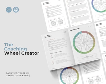 May include: A set of printable coaching wheel templates for Canva. The templates include wheels for communication, motivation, life, and leadership. Each wheel has a circular design with sections for different aspects of the topic.