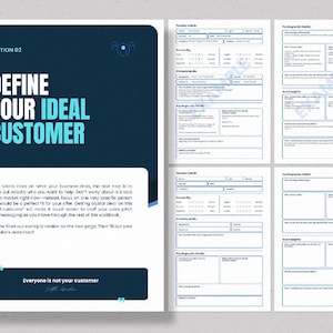 Op de afbeelding: Een werkboekpagina met de titel "DEFINE YOUR IDEAL CUSTOMER" in witte en turquoise tekst op een donkerblauwe achtergrond. Het werkboek bevat invulsecties en aanwijzingen om een doelmarkt te defini&euml;ren. De tekst "Everyone is not your customer" is ook zichtbaar.