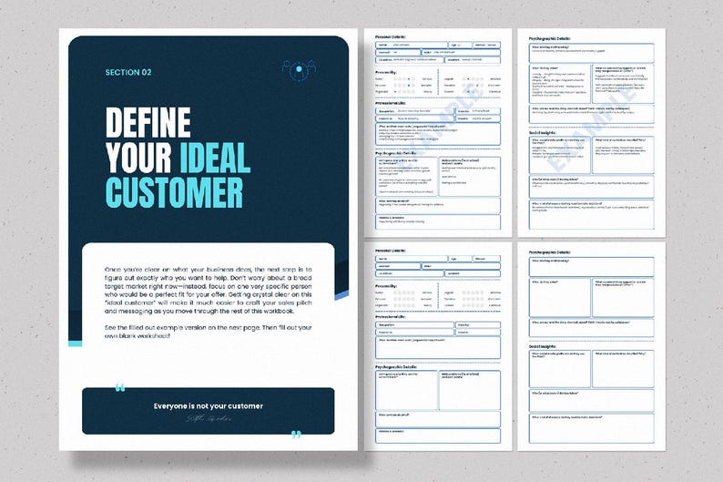 Op de afbeelding: Een werkboekpagina met de titel "DEFINE YOUR IDEAL CUSTOMER" in witte en turquoise tekst op een donkerblauwe achtergrond. Het werkboek bevat invulsecties en aanwijzingen om een doelmarkt te defini&euml;ren. De tekst "Everyone is not your customer" is ook zichtbaar.
