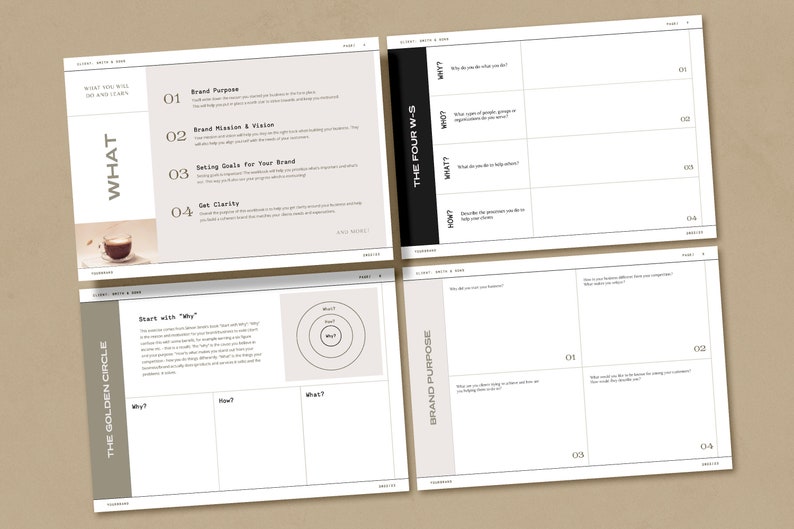 May include: A worksheet with the title "The Golden Circle" and "Brand Purpose" with a diagram of three concentric circles labeled "Why", "How", and "What". The worksheet is divided into four sections with the headings "What", "Why", "How", and "What".