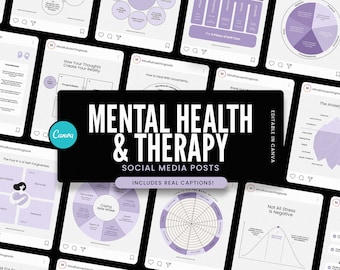 May include: A collection of 12 social media posts for mental health and therapy, editable in Canva. The posts feature various diagrams and charts with text, including "How Your Thoughts Create Your Reality", "The Four R's of Self-Forgiveness", "The Anxiety Iceberg", and "Not All Stress is Negative".