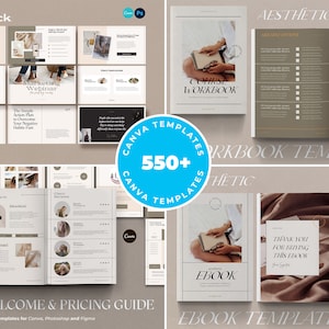 May include: A collection of digital templates for creating e-courses, workbooks, and ebooks. The templates feature a minimalist aesthetic with a beige and brown colour scheme. The text "CANVA TEMPLATES 550+ CANVA TEMPLATES" is displayed in a blue circle.