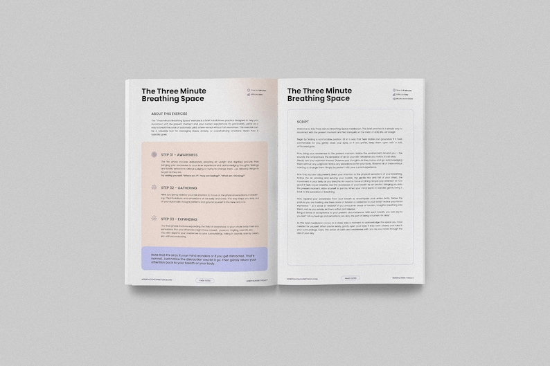 May include: A two-page document with the title "The Three Minute Breathing Space" in black text. The document provides instructions for a breathing exercise with three steps: awareness, gathering, and expanding. The document also includes a section titled "Script" with a description of the breathing exercise.