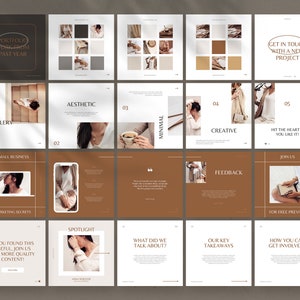 May include: A collage of 12 Instagram post templates with a minimalist aesthetic. The templates feature a neutral color palette of brown, beige, and white. The text on the templates includes "2021 Gallery", "Small Business", "Aesthetic", "Minimal", "Creative", "Hit the heart if you like it!", "Feedback", "Join us for free preview", "What did we talk about?", "Our key takeaways", "How you can get involved?", and "If you found this useful, join us for more quality content!"