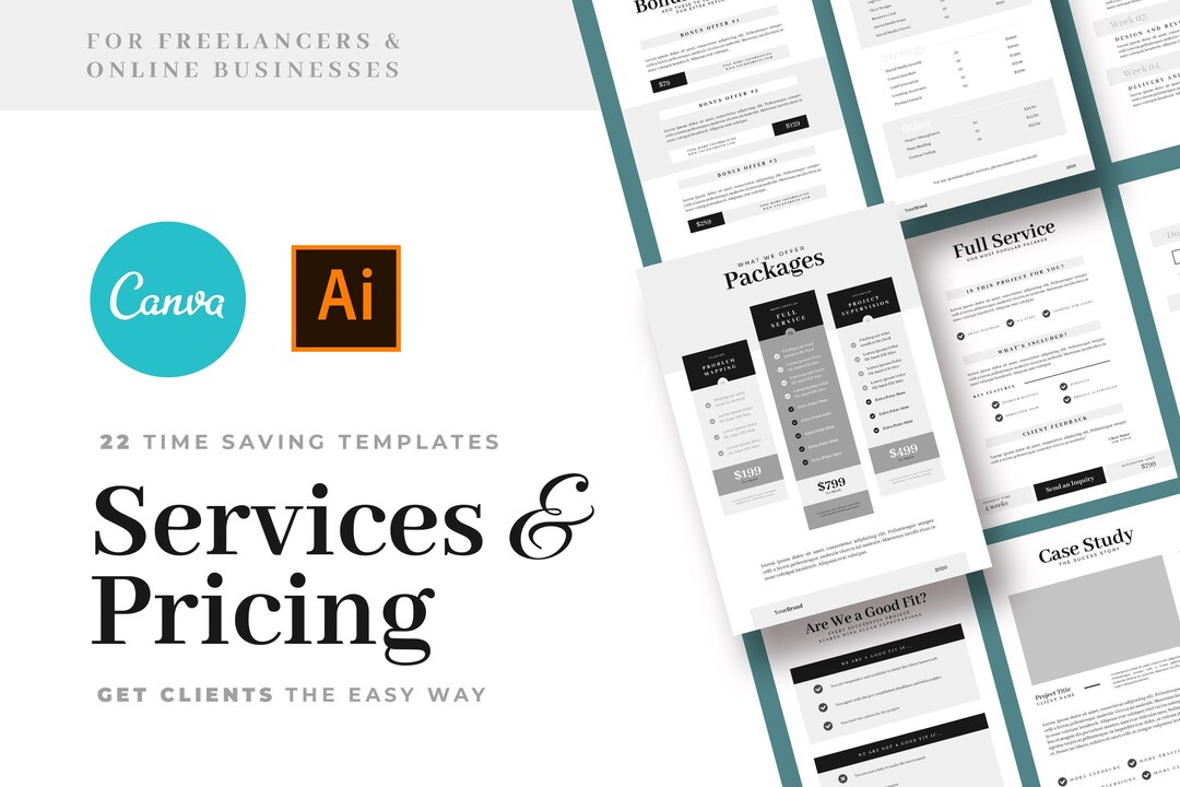 Services & Pricing Guide Templates for Illustrator and CANVA Etsy