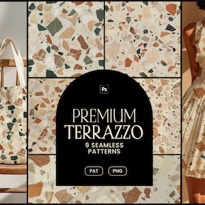 Può includere: Un set di 9 motivi di terrazzo senza cuciture in uno schema di colori beige, marrone e verde. I motivi sono mostrati su una borsa a tracolla, un vestito e uno sfondo. Il testo "Premium Terrazzo 9 Seamless Patterns PAT | PNG" è visualizzato su uno sfondo nero.