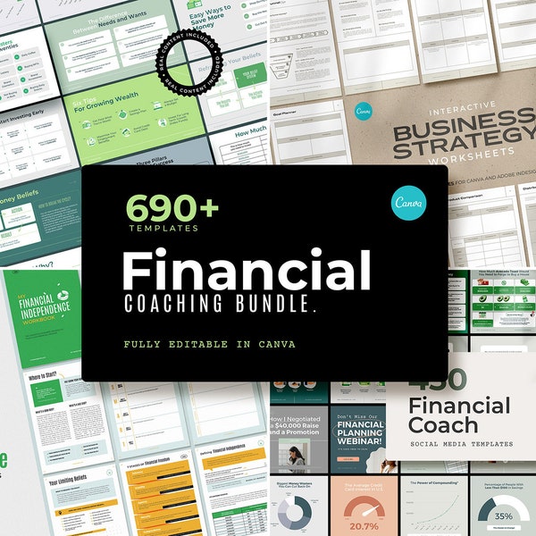 Más de 650 paquetes de coaching financiero CANVA / Plantillas de libertad financiera con contenido real