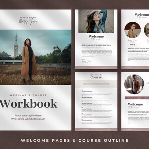 Może przedstawiać: Okładka zeszytu ćwiczeń z kobietą w brązowym płaszczu stojącą na polu. Tekst na okładce brzmi "Webinar & Course Workbook" i "Place your tagline here What is the workbook about?"