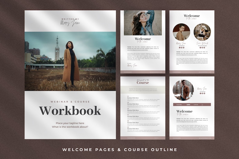 Może przedstawiać: Okładka zeszytu ćwiczeń z kobietą w brązowym płaszczu stojącą na polu. Tekst na okładce brzmi "Webinar & Course Workbook" i "Place your tagline here What is the workbook about?"