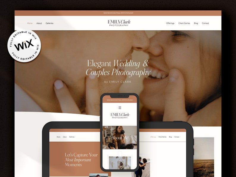 May include: Website homepage for Emily Clark Photography, featuring a close-up image of a couple's faces, with the text "Elegant Wedding & Couples Photography by Emily Clark" on the page.