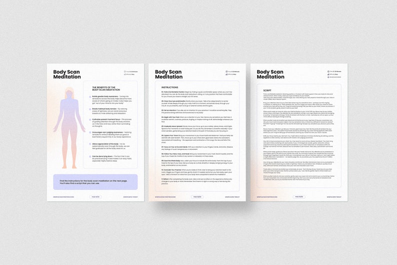 May include: A printable guide to body scan meditation with instructions and a script. The guide includes a diagram of the human body with different colored areas.