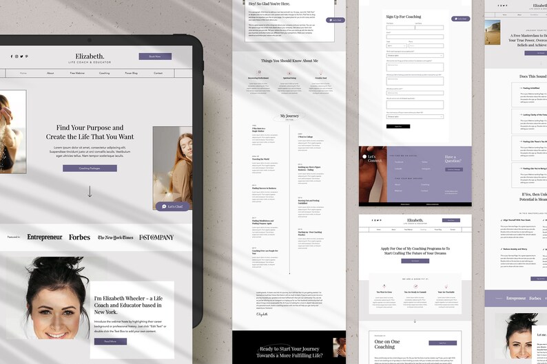 May include: A website screenshot showing a woman's portrait and text about finding your purpose and creating the life you want. The website also features a call to action button that says "Let's Chat".