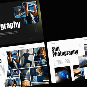 Puede incluir: Dise&ntilde;o con las palabras "Brand Photography" y "Tone & Style" en texto blanco en negrita sobre un fondo oscuro. La imagen incluye fotos con tem&aacute;tica de fitness y las palabras "Still Photography".