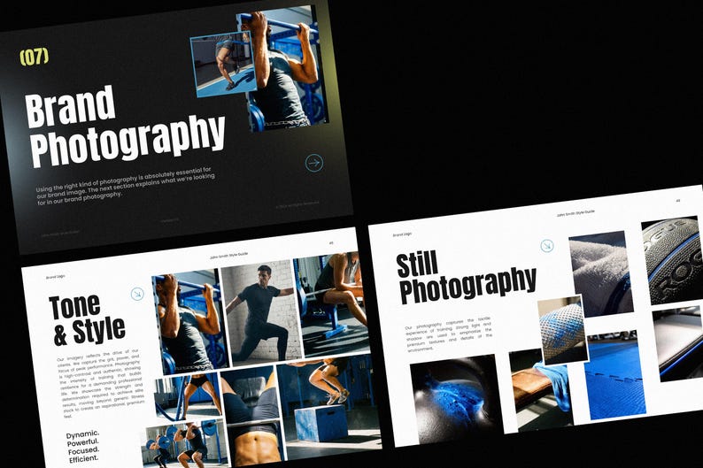 Puede incluir: Dise&ntilde;o con las palabras "Brand Photography" y "Tone & Style" en texto blanco en negrita sobre un fondo oscuro. La imagen incluye fotos con tem&aacute;tica de fitness y las palabras "Still Photography".
