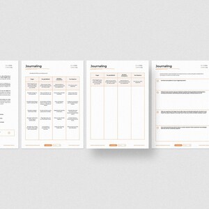 May include: Five printable journaling pages with the word "Journaling" at the top of each page. The pages include prompts for reflection, gratitude, and goal setting.