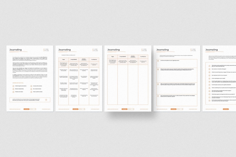 May include: Five printable journaling pages with the word "Journaling" at the top of each page. The pages include prompts for reflection, gratitude, and goal setting.