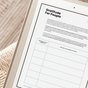 May include: A printable gratitude journal worksheet with the title "Gratitude for People". The worksheet has two columns, one for the person you are grateful for and the other for why you are grateful for them.