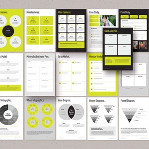 May include: A set of 10 black and white printable templates for business planning and marketing. The templates include diagrams such as wheel infographics, Venn diagrams, and funnel diagrams. The templates are designed to help businesses plan and execute their marketing strategies.