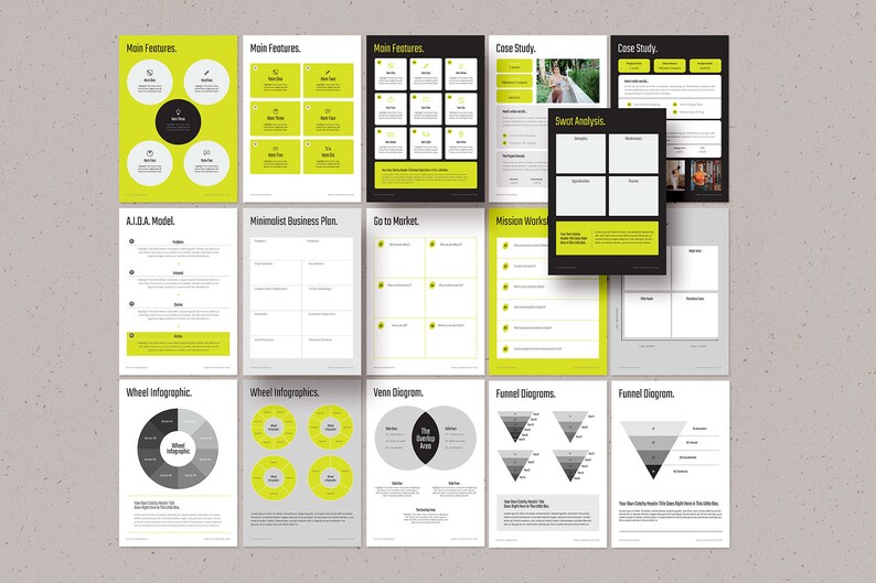 May include: A set of 10 black and white printable templates for business planning and marketing. The templates include diagrams such as wheel infographics, Venn diagrams, and funnel diagrams. The templates are designed to help businesses plan and execute their marketing strategies.