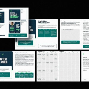 以下が含まれることがあります： 緑と黒のコンテンツプランナーで、白い文字で「Content Planner」と書いてあります。プランナーには、「Why Teams & Product Impact」、「Discover Potential Audiences & Ideas」、「Collaboration」、「Content Calendar」、「Great Job!」のセクションが含まれています。