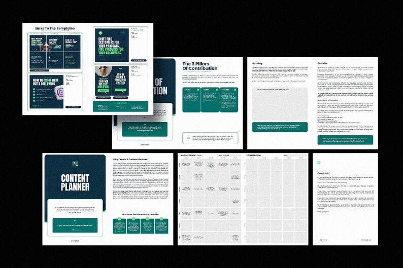 以下が含まれることがあります： 緑と黒のコンテンツプランナーで、白い文字で「Content Planner」と書いてあります。プランナーには、「Why Teams & Product Impact」、「Discover Potential Audiences & Ideas」、「Collaboration」、「Content Calendar」、「Great Job!」のセクションが含まれています。