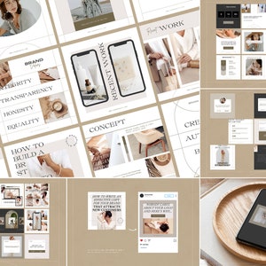 May include: A collage of images showcasing branding and marketing tips for businesses. The images include text about building a brand, recent work, and creating authentic content. The images are in a minimalist style with a neutral color palette.