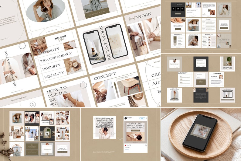 May include: A collage of images showcasing branding and marketing tips for businesses. The images include text about building a brand, recent work, and creating authentic content. The images are in a minimalist style with a neutral color palette.