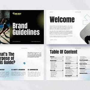 Puede incluir: Dise&ntilde;o de un documento de directrices de marca en blanco y negro. La portada dice "Brand Guidelines" con el logotipo de John Smith. Otras p&aacute;ginas incluyen "Welcome" y "Table of Content".