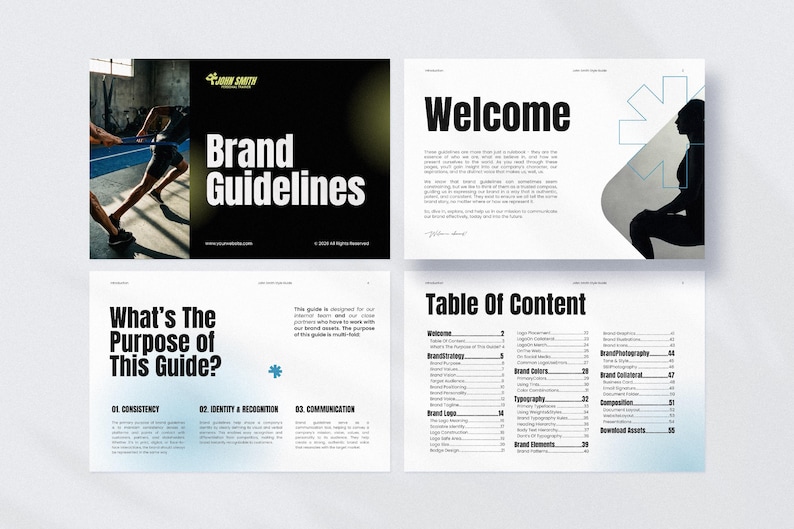 Puede incluir: Dise&ntilde;o de un documento de directrices de marca en blanco y negro. La portada dice "Brand Guidelines" con el logotipo de John Smith. Otras p&aacute;ginas incluyen "Welcome" y "Table of Content".