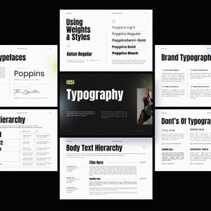Puede incluir: Una colecci&oacute;n de diapositivas de dise&ntilde;o sobre un fondo negro. Las diapositivas muestran reglas de tipograf&iacute;a, incluidos estilos de fuente, jerarqu&iacute;a de encabezados y pautas de tipograf&iacute;a de marca. El texto incluye "Using Weights & Styles", "Primary Typefaces" y "Typography".