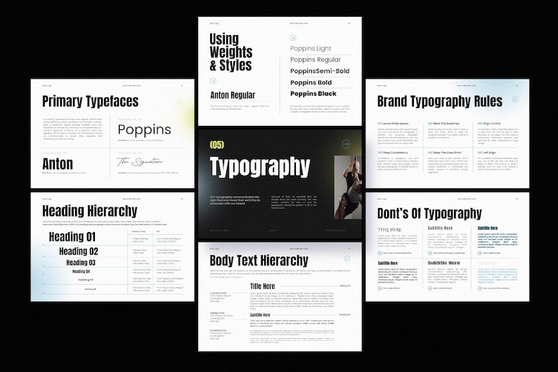 Puede incluir: Una colecci&oacute;n de diapositivas de dise&ntilde;o sobre un fondo negro. Las diapositivas muestran reglas de tipograf&iacute;a, incluidos estilos de fuente, jerarqu&iacute;a de encabezados y pautas de tipograf&iacute;a de marca. El texto incluye "Using Weights & Styles", "Primary Typefaces" y "Typography".