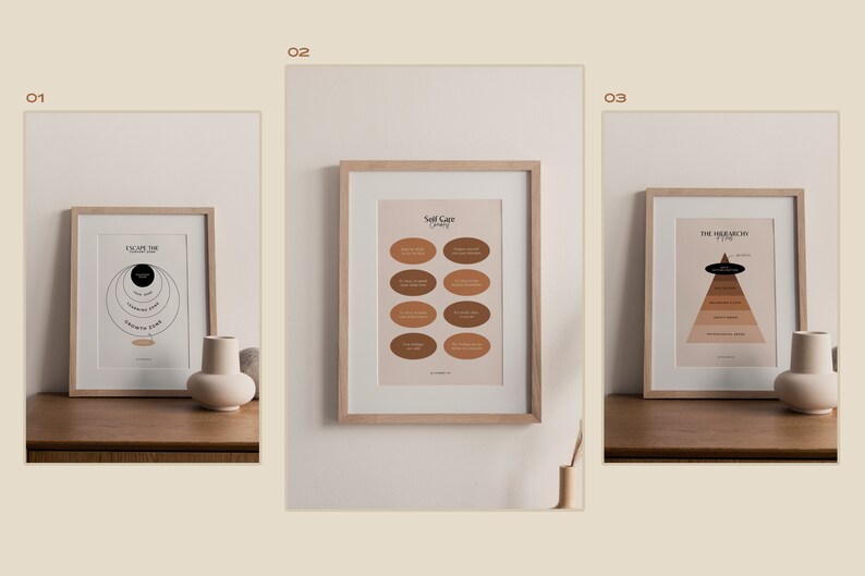 Peut inclure: Trois impressions encadr&eacute;es avec des designs minimalistes. La premi&egrave;re impression pr&eacute;sente un diagramme circulaire avec le texte "Escape the Matrix". La deuxi&egrave;me impression pr&eacute;sente une grille de 12 formes ovales avec le texte "Self Care" et "Library". La troisi&egrave;me impression pr&eacute;sente une pyramide avec le texte "The Hierarchy of Needs".