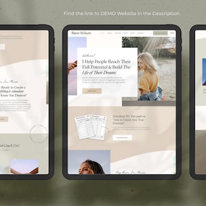 Puede incluir: Tres tabletas digitales que muestran maquetas de sitios web. Los sitios web presentan una paleta de colores neutros con im&aacute;genes de una mujer y texto. El texto incluye frases como "I Help People Reach Their Full Potential" y "Download My Free Guide".