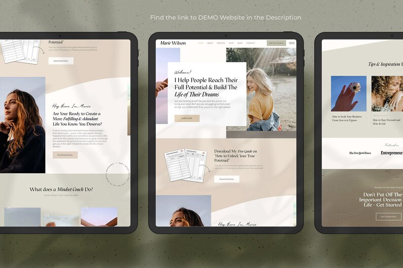 Puede incluir: Tres tabletas digitales que muestran maquetas de sitios web. Los sitios web presentan una paleta de colores neutros con im&aacute;genes de una mujer y texto. El texto incluye frases como "I Help People Reach Their Full Potential" y "Download My Free Guide".