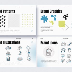 Puede incluir: Una presentaci&oacute;n que muestra elementos de marca, incluyendo patrones, gr&aacute;ficos, ilustraciones e iconos. La secci&oacute;n "Brand Patterns" muestra dise&ntilde;os en blanco y negro. "Brand Graphics" presenta formas abstractas en azul, verde y negro. "Brand Illustrations" e "Brand Icons" representan im&aacute;genes relacionadas con el fitness.