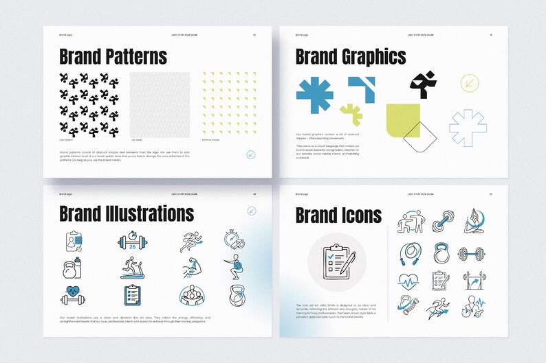 Puede incluir: Una presentaci&oacute;n que muestra elementos de marca, incluyendo patrones, gr&aacute;ficos, ilustraciones e iconos. La secci&oacute;n "Brand Patterns" muestra dise&ntilde;os en blanco y negro. "Brand Graphics" presenta formas abstractas en azul, verde y negro. "Brand Illustrations" e "Brand Icons" representan im&aacute;genes relacionadas con el fitness.