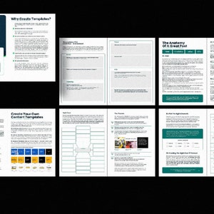 以下が含まれることがあります： 「The Templates」というタイトルの緑と白のガイドで、「Why Create Templates?」「Create Your Own Content Templates」というテキストが書かれています。このガイドには、コンテンツテンプレートの図と「The Anatomy of a Great Post」というタイトルのセクションが含まれています。