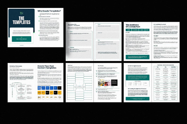 以下が含まれることがあります： 「The Templates」というタイトルの緑と白のガイドで、「Why Create Templates?」「Create Your Own Content Templates」というテキストが書かれています。このガイドには、コンテンツテンプレートの図と「The Anatomy of a Great Post」というタイトルのセクションが含まれています。